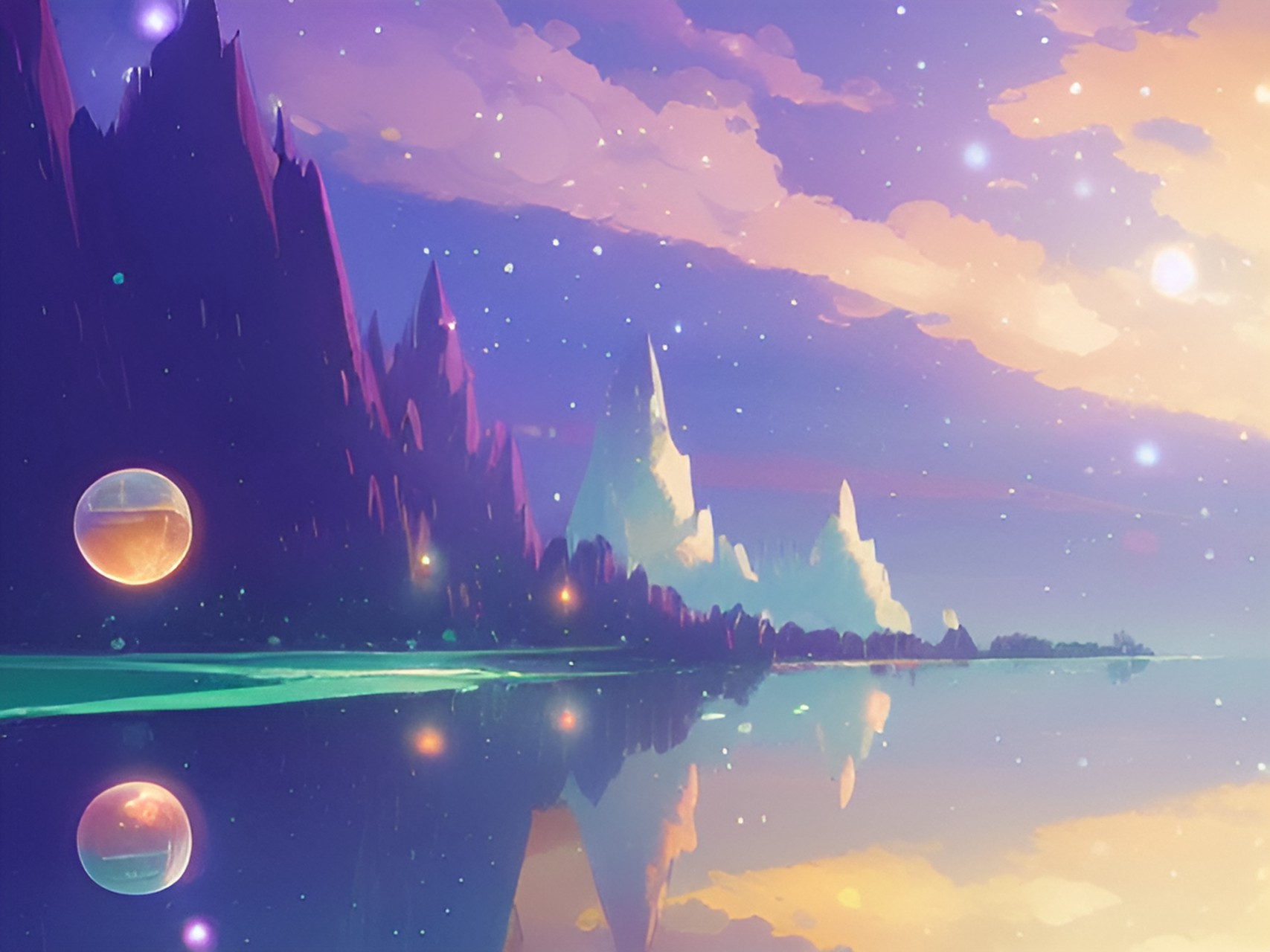 Bubble land - a far away land like earth but shimmering, filled with magical bubbles and many glowing angels preview