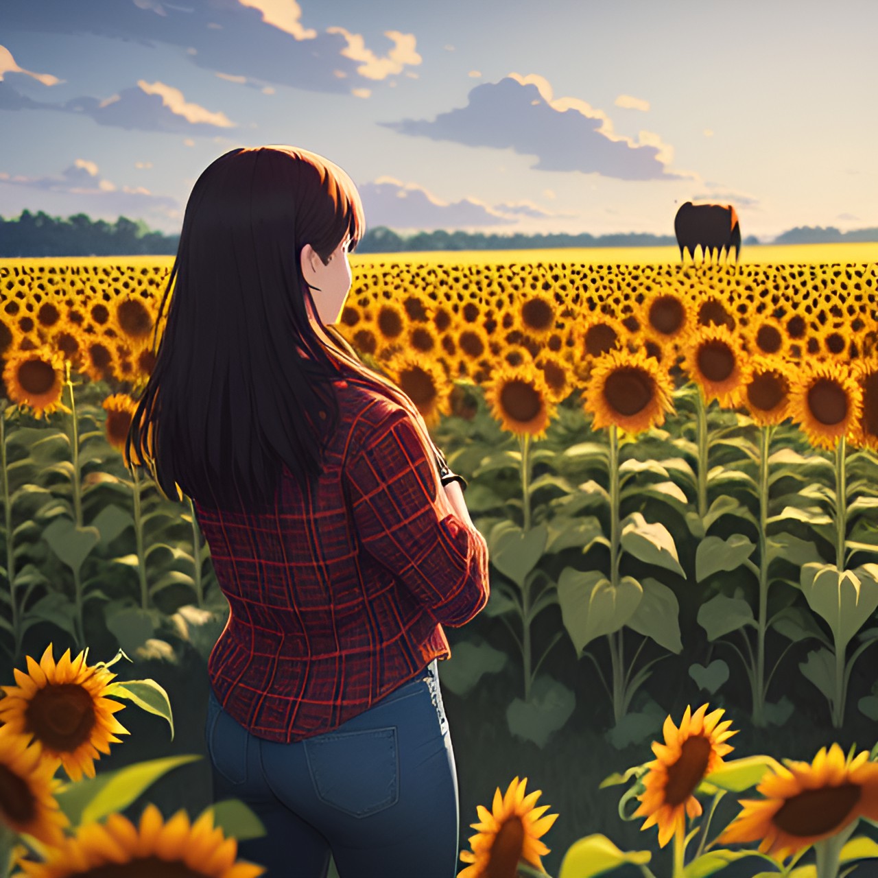 woman wearing a buffalo plaid shirt  in a field of sunflowers, view of her back, left hand running through her hair preview