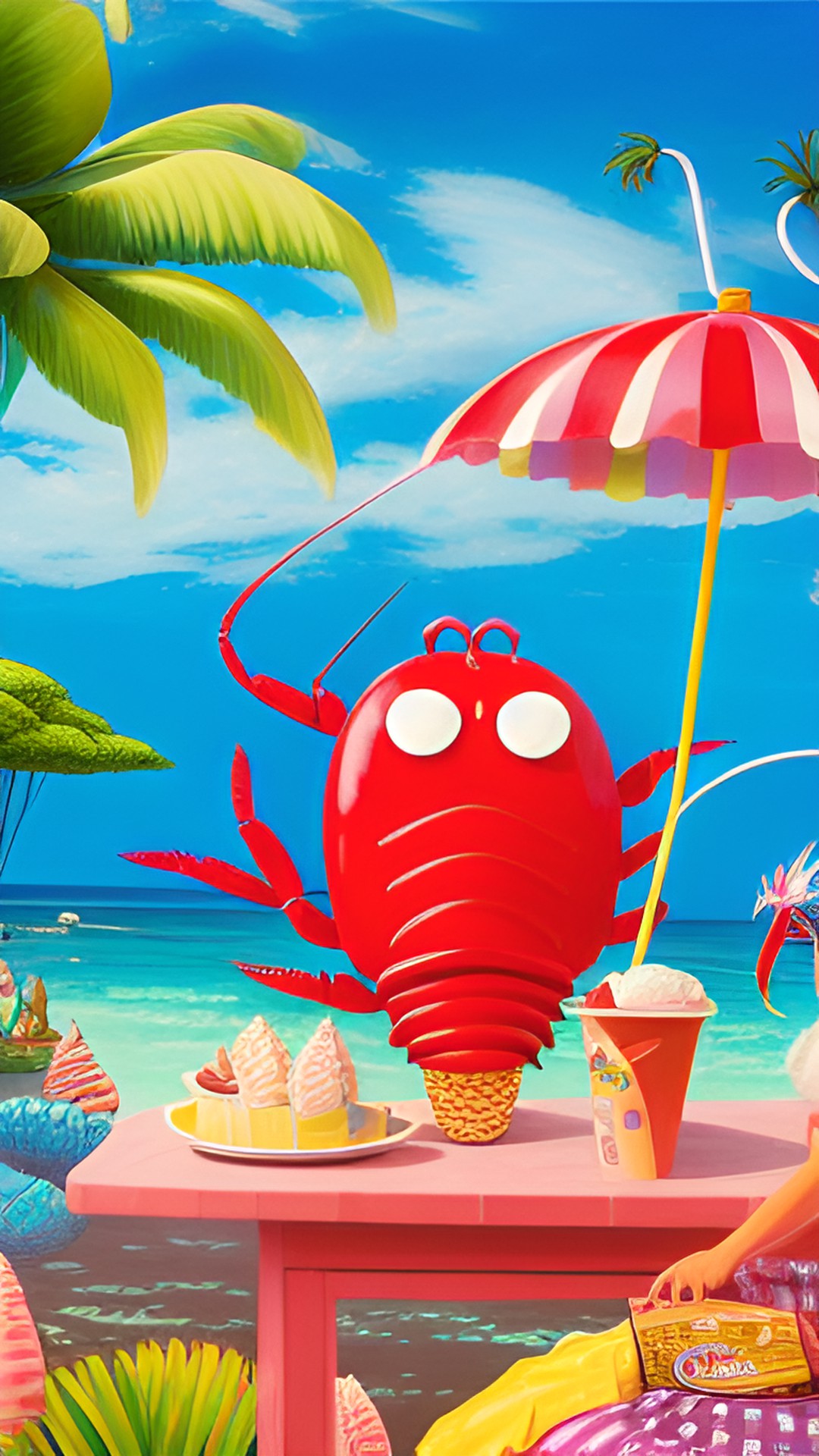 🦞👛🍦 - a colorful summer scene with a lobster wearing a stylish purse enjoying an ice cream cone in a tropical paradise." preview