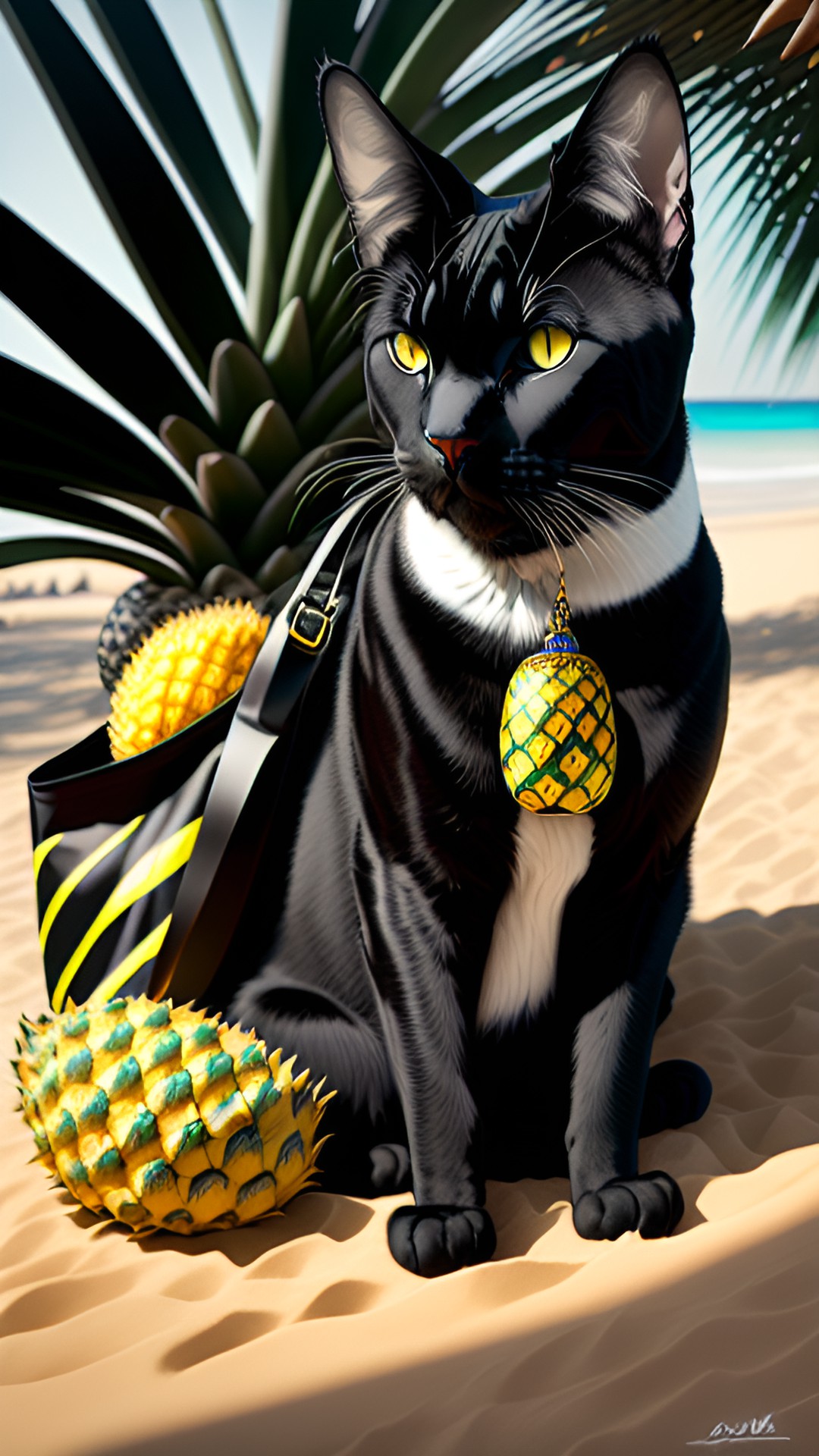 🐈⬛👜🍍 - a sleek black cat lounging on a colorful beach bag surrounded by juicy pineapples, with a mischievous look in its eyes." preview