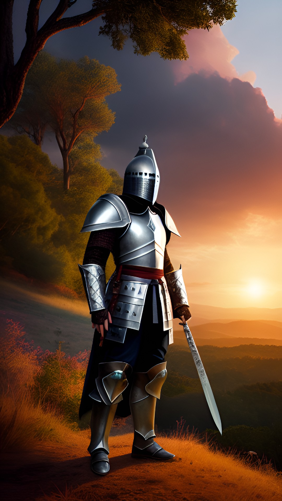 knight with dark hair wearing silver armor, a sword in one hand and a shield in another, standing at the tip of a hill covered by great trees at sunset. preview