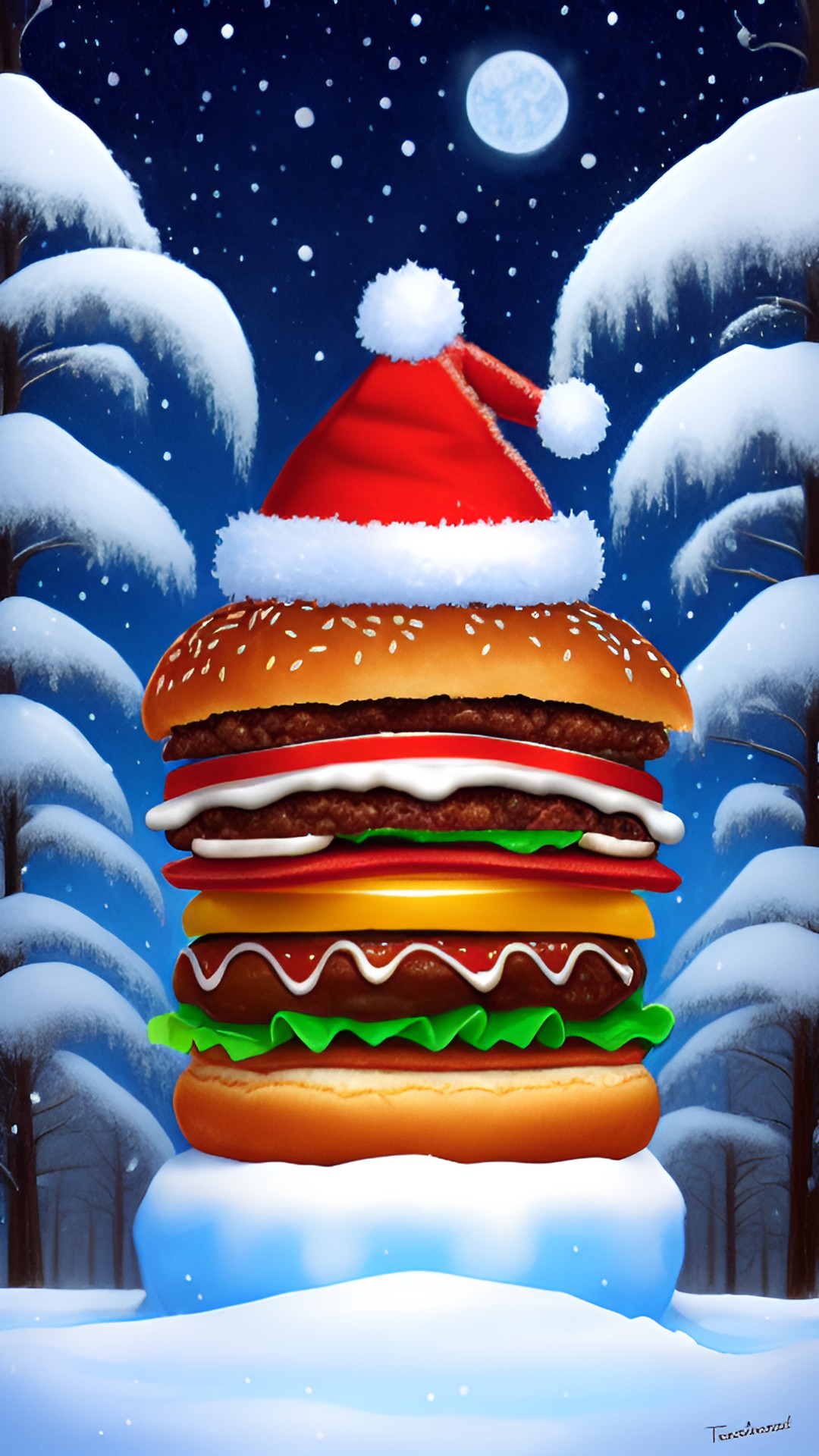 🍔🧢🎄 - a festive hamburger wearing a santa claus hat and holding a candy cane in a snowy winter wonderland." preview