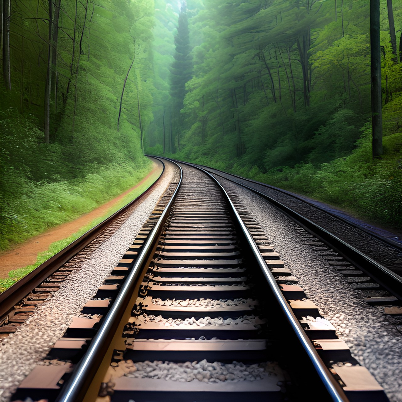 a deserted railroad track in a forest leading off a cliff preview