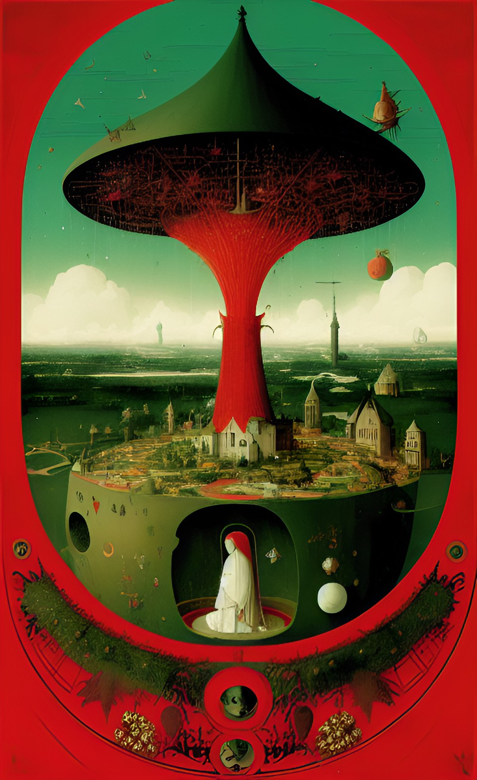 terrestrial paradise by hieronymus bosch with roman gods drinking milk, never ending flower rain in red preview