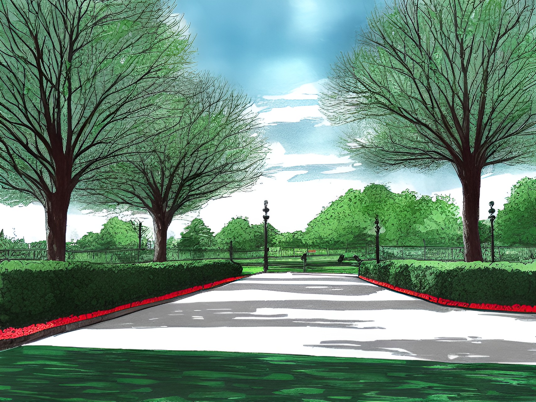 hand drawn background image of a park, ink, handrawm preview