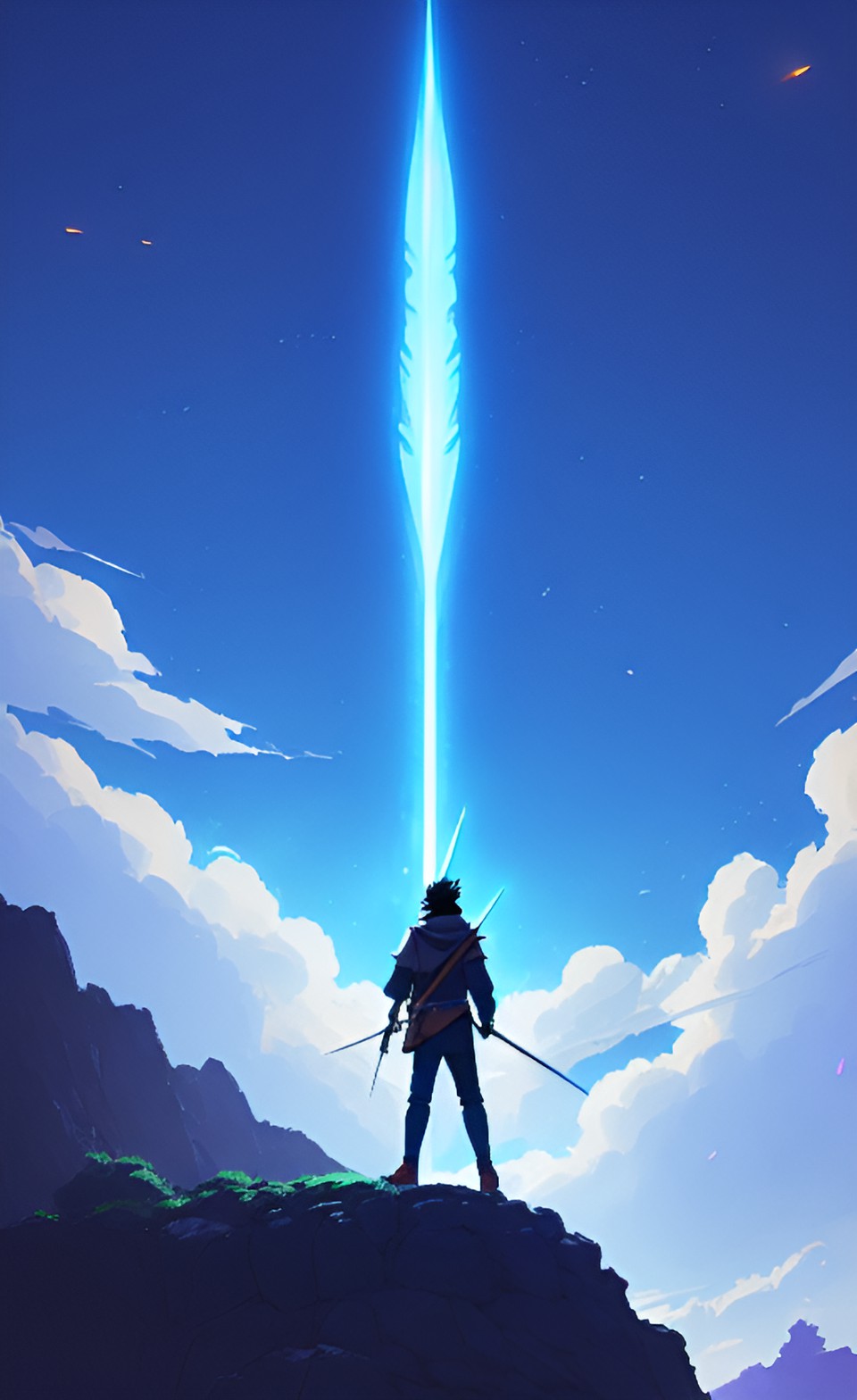 Gateway - a knight holding his blue flame sword up to the sky as arrows fly behind him preview