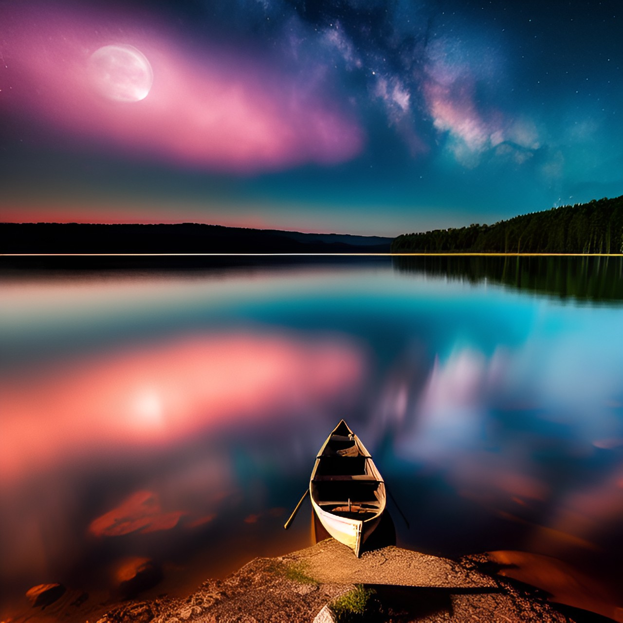 barca solitaria en un lago tranquilo, reflejando la luz de la luna en una noche oscura preview