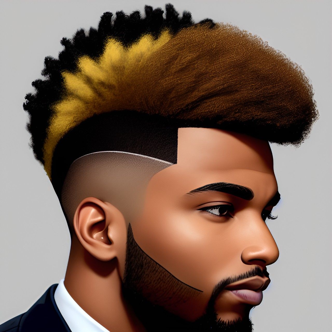 draw a picture of a black man with a faux hawk with different colored tips in the hair at the top. side view preview