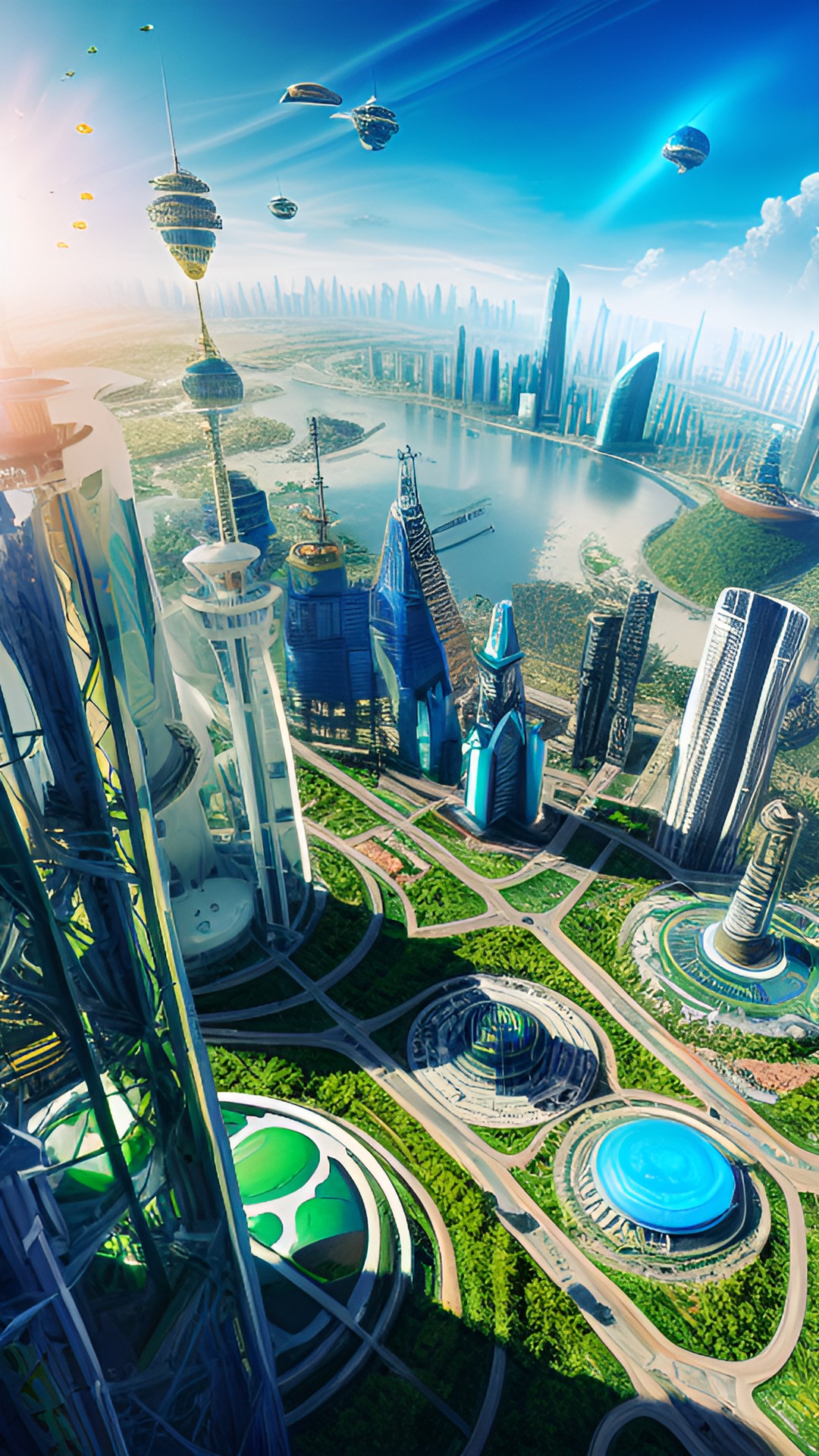 Solarpunk - digital art, detailed, accurate, solarpunk, green, white, blue, futuristic technology and buildings, plants, sunny, planets in the sky, utopian city, view from above preview