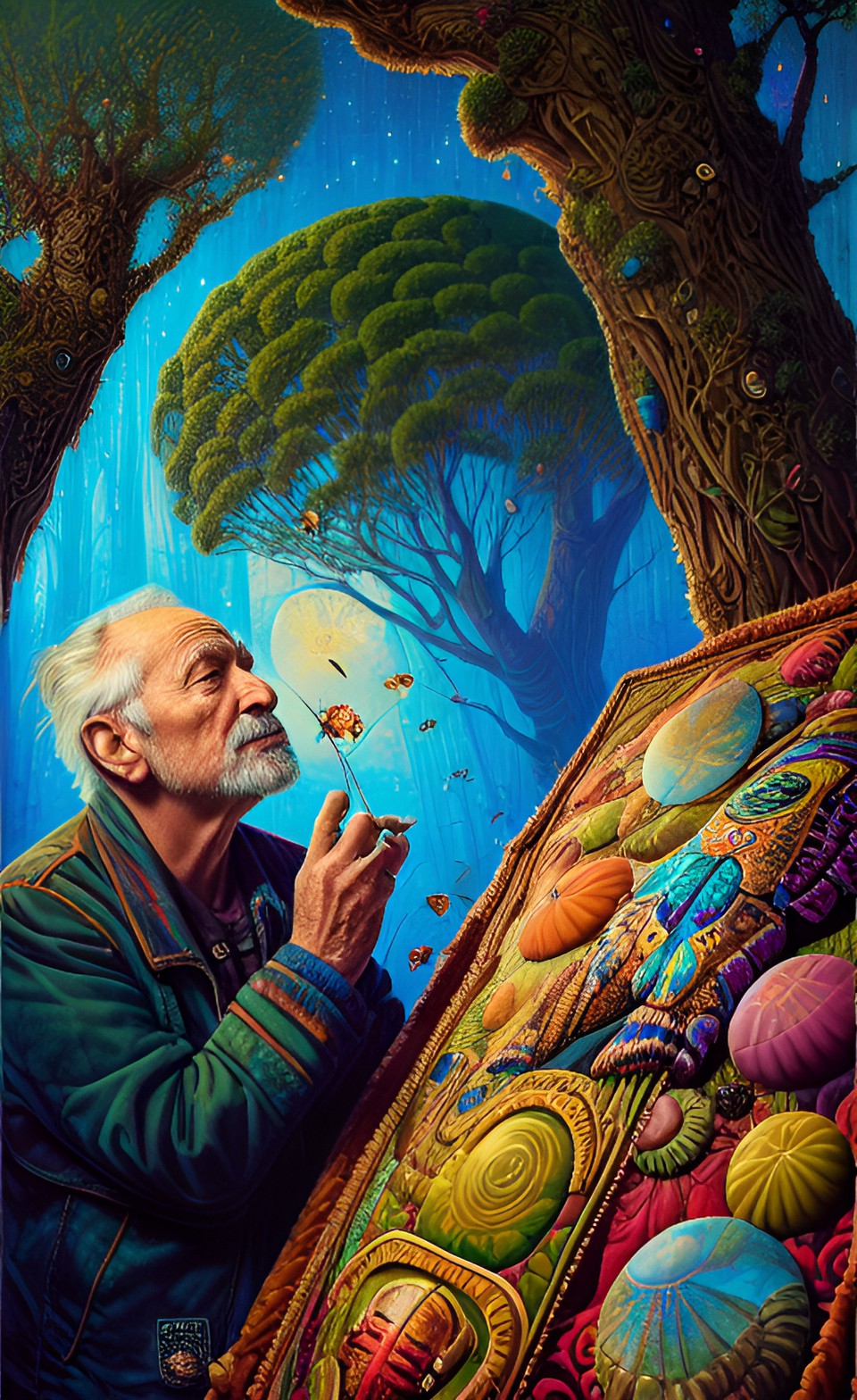 old man, shiny beetles, quilted jacket, reflection, beetles, ancient wrinkled face, quilt, gum trees, eucalyptus preview