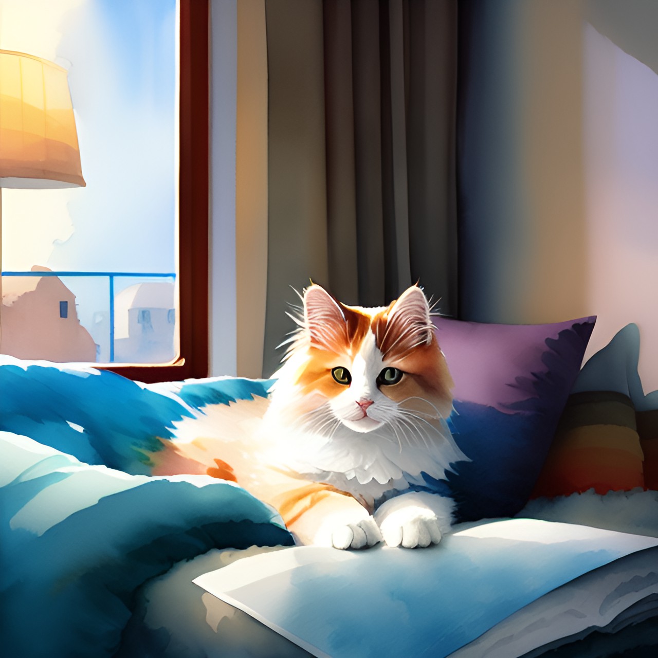 cuddling fluffy cat in bed preview