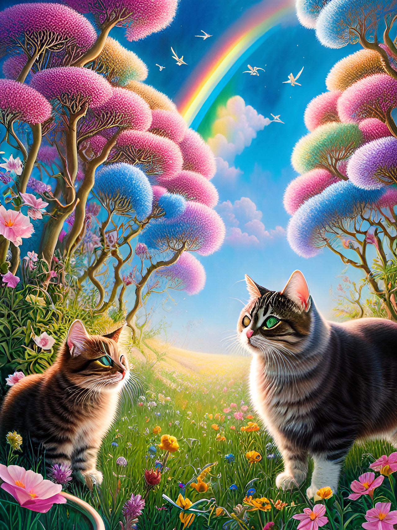 fluffy cats running around in meadow with a rainbow bridge preview