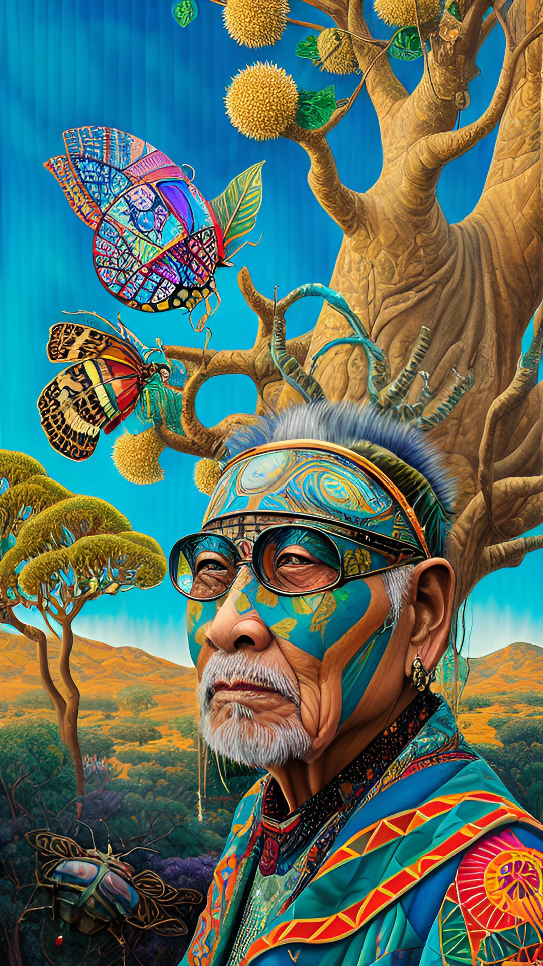 old ethnic man, wizard, shiny beetle, quilted, reflection, ancient wrinkled face, quilt, gum trees, eucalyptus, cicada, preview