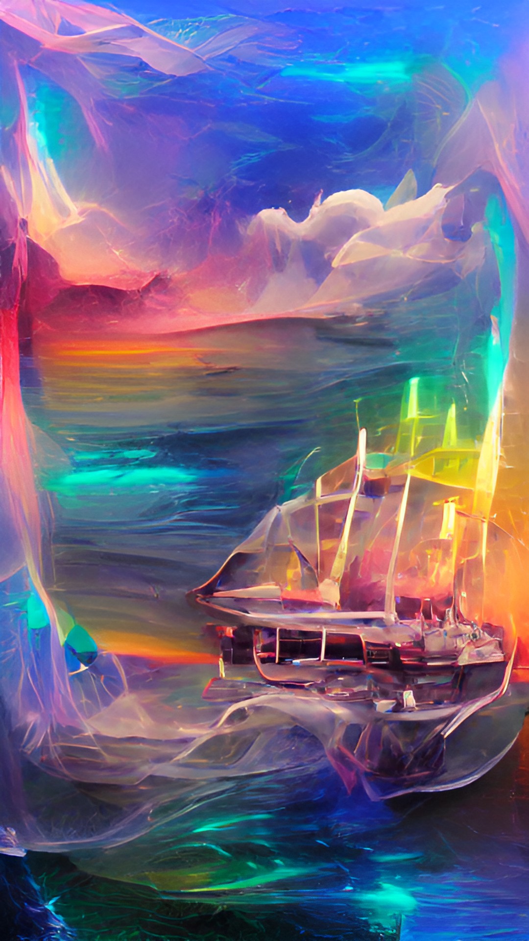 ghost ship, translucent ship, opaque, glowing, trailing rainbow, waves, ocean, fantasy preview