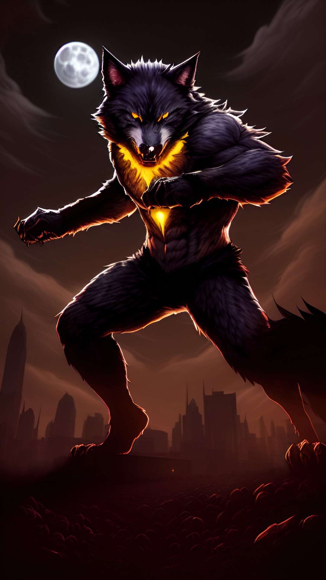 Wolf man - transformation into werewolf, man transform into werewolf, black fur, tailed, wolf fang,￼ ￼wolf crawl, ￼muscle, superstrength, rage, angry, hatred, fury, glowing yellow ￼eyes, howling at the full moon in nighttime, b&w background, street fight ￼style preview