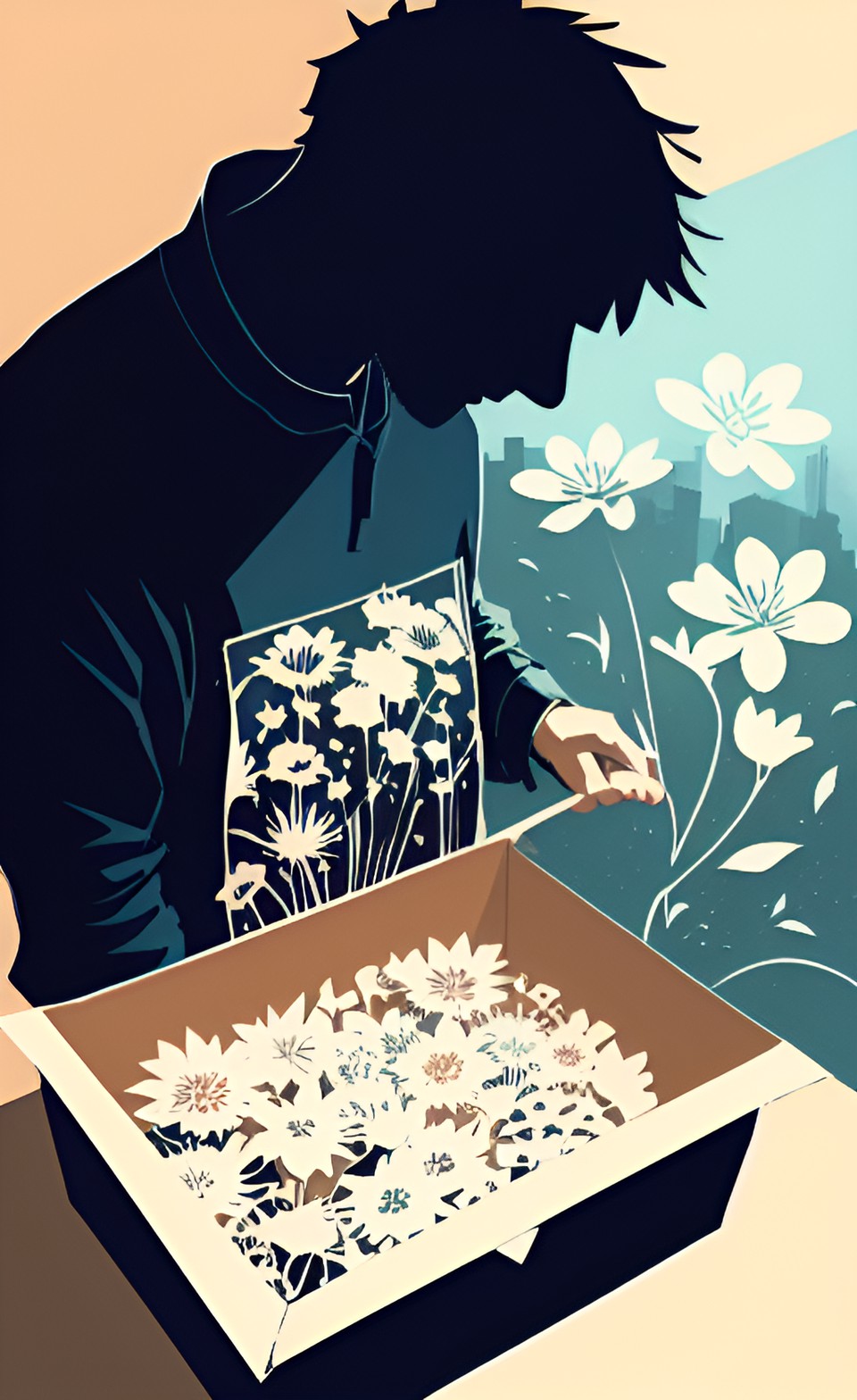 box of cut paper flowers preview