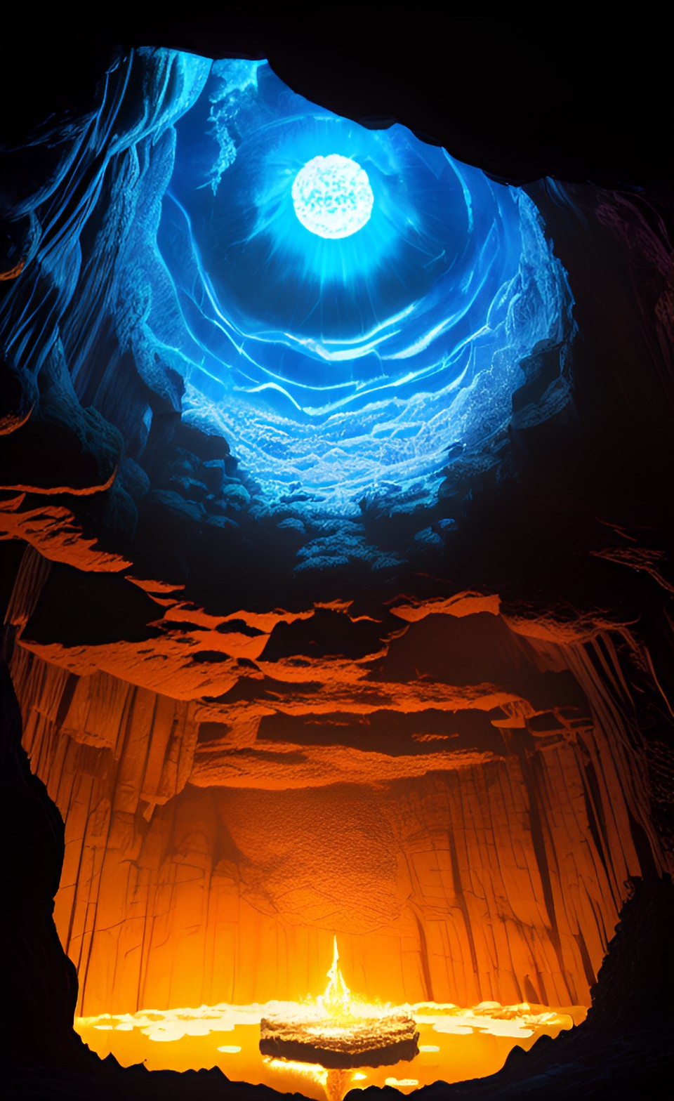 The Fame in the Night - in the depths of a cave lying in the middle of a large puddle floating above is a sphere made of ice and in the middle of it is a bright flame lighting up the whole area of the cavern preview