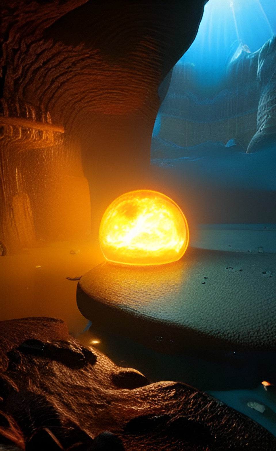 Contained Fire - in the depths of a cave lying in the middle of a large puddle floating above is a sphere made of ice and in the middle of it is a bright flame lighting up the whole area of the cavern preview