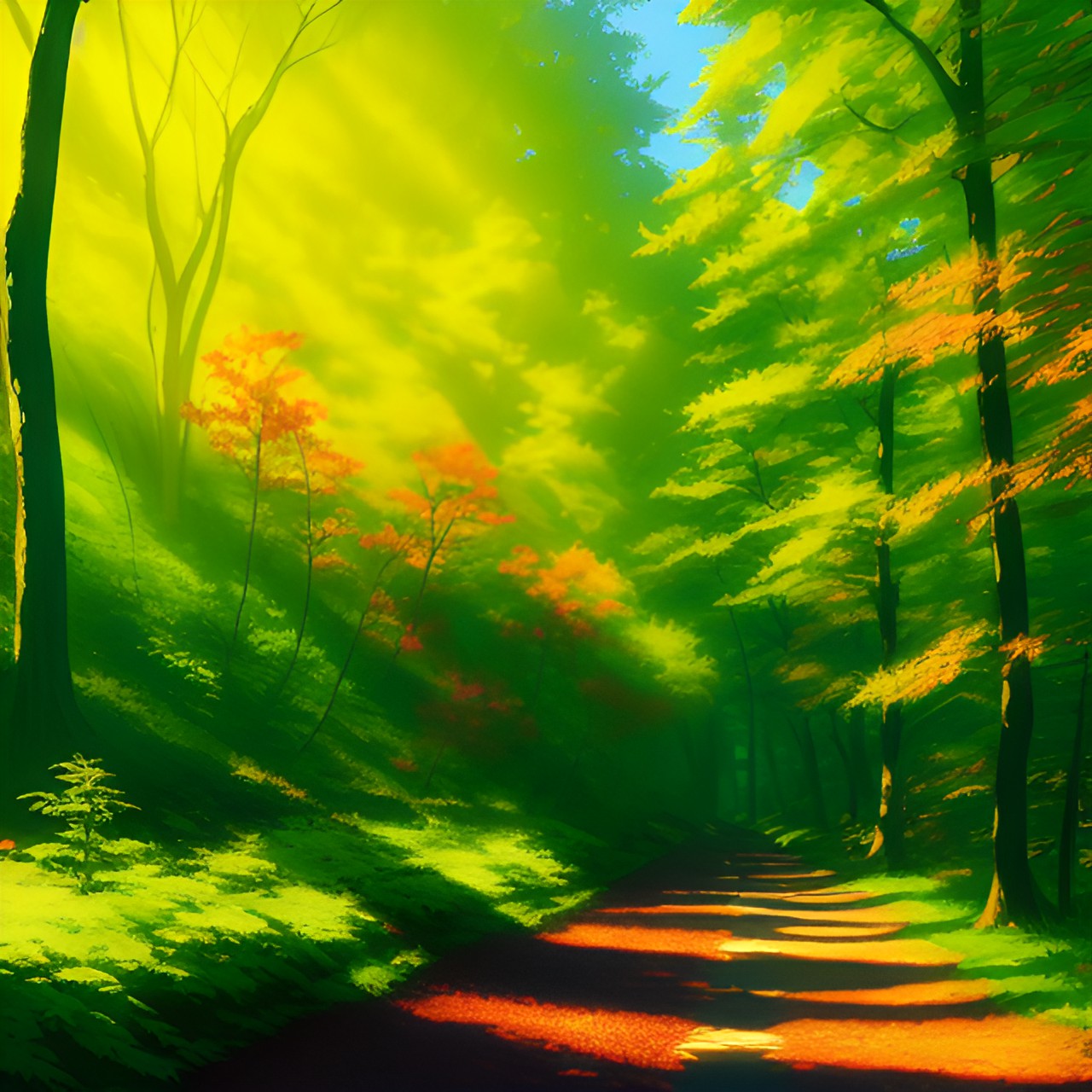 chartreuse foliage , forest walkway, morning light preview