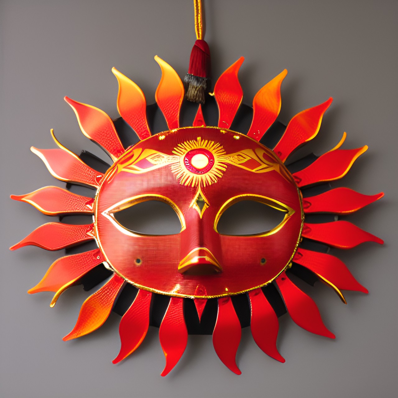 Red mask - golden red mask, symmetrical sun mask - a fiery golden-red mask with intricate symmetrical sun patterns adorning every inch. the mask appears to glow with an otherworldly power, its intense radiance c preview