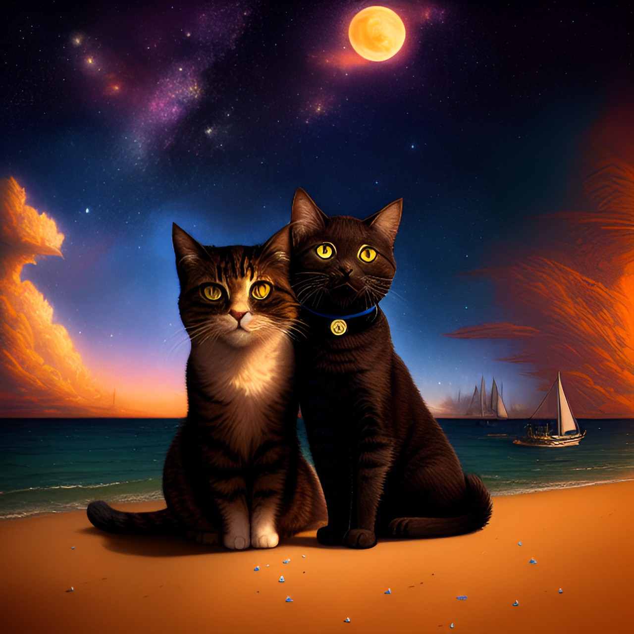 cats, sunset beach, milkyway, stars, moon preview