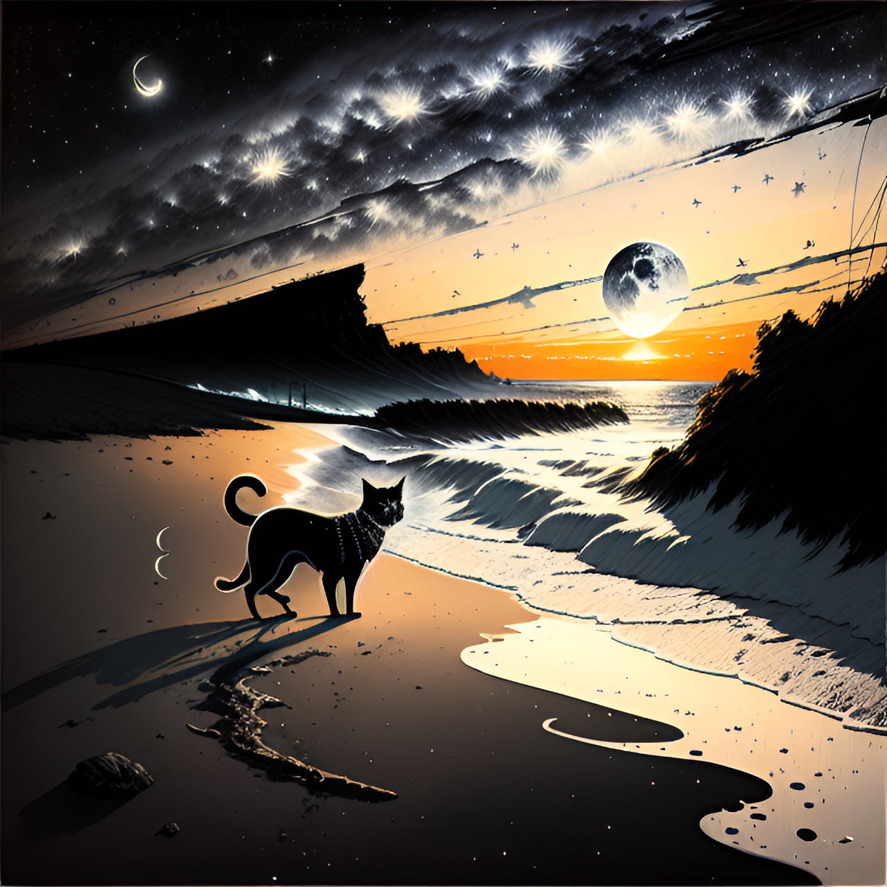 cats, sunset beach, milkyway, stars, moon preview