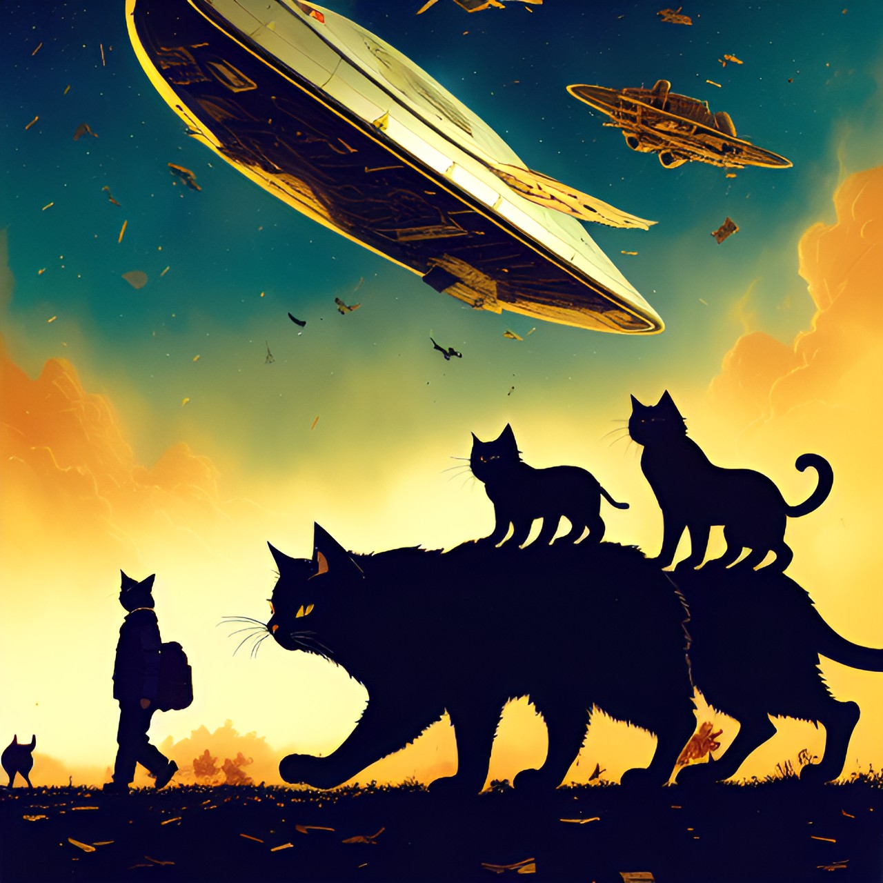 departure of the cat - cats walking around a person leading the way as a spaceship flies past them. debris all around the area with various dead animals. the cats are giant preview