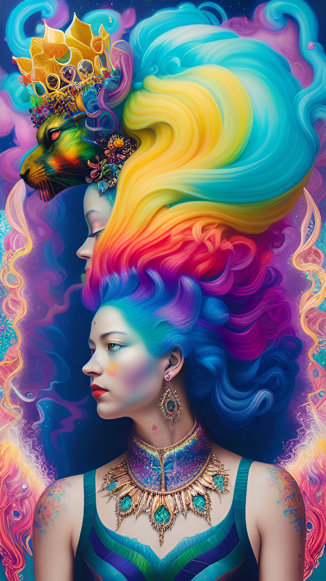 Rainbow haired woman - rainbow hair surrounding woman - a mysterious woman with a crown of iridescent rainbow hair flowing down her back, standing in front of a glowing portal to another world." preview