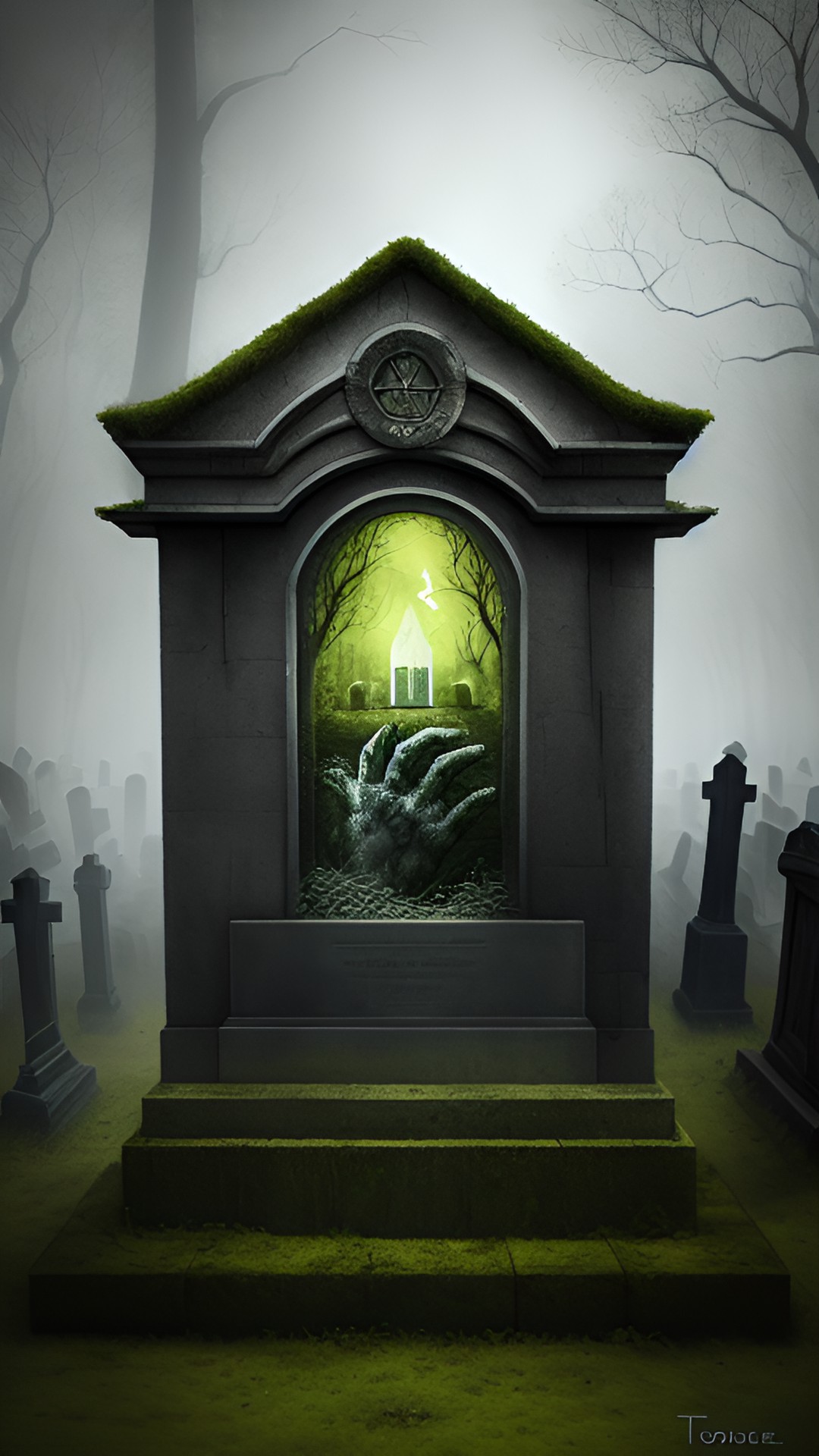 Hand in tombstone - hand sticking up from grave - a ghostly hand emerging from a spooky, moss-covered tombstone with eerie mist swirling around it." preview