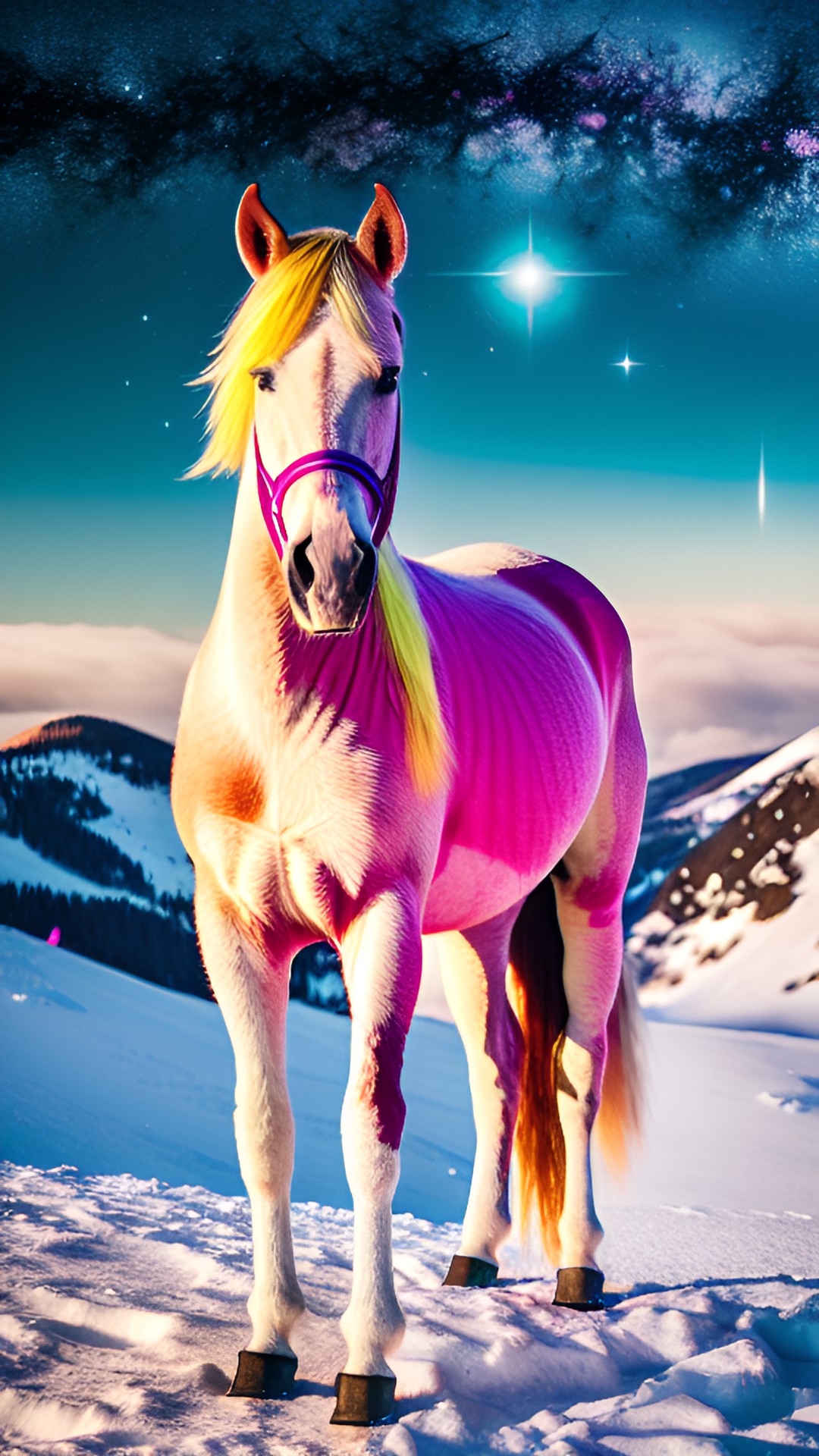 Serendipia The Horse - a pink and yellow horse on top of a snowy mountain, starry background, cinematic preview