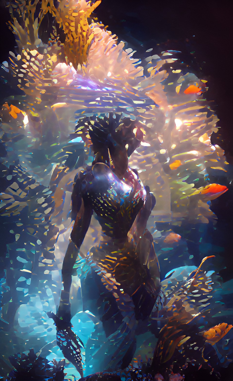 lots of fish, underwater, african mermaid, detailed, glowing lights, sparkling, cluttered preview