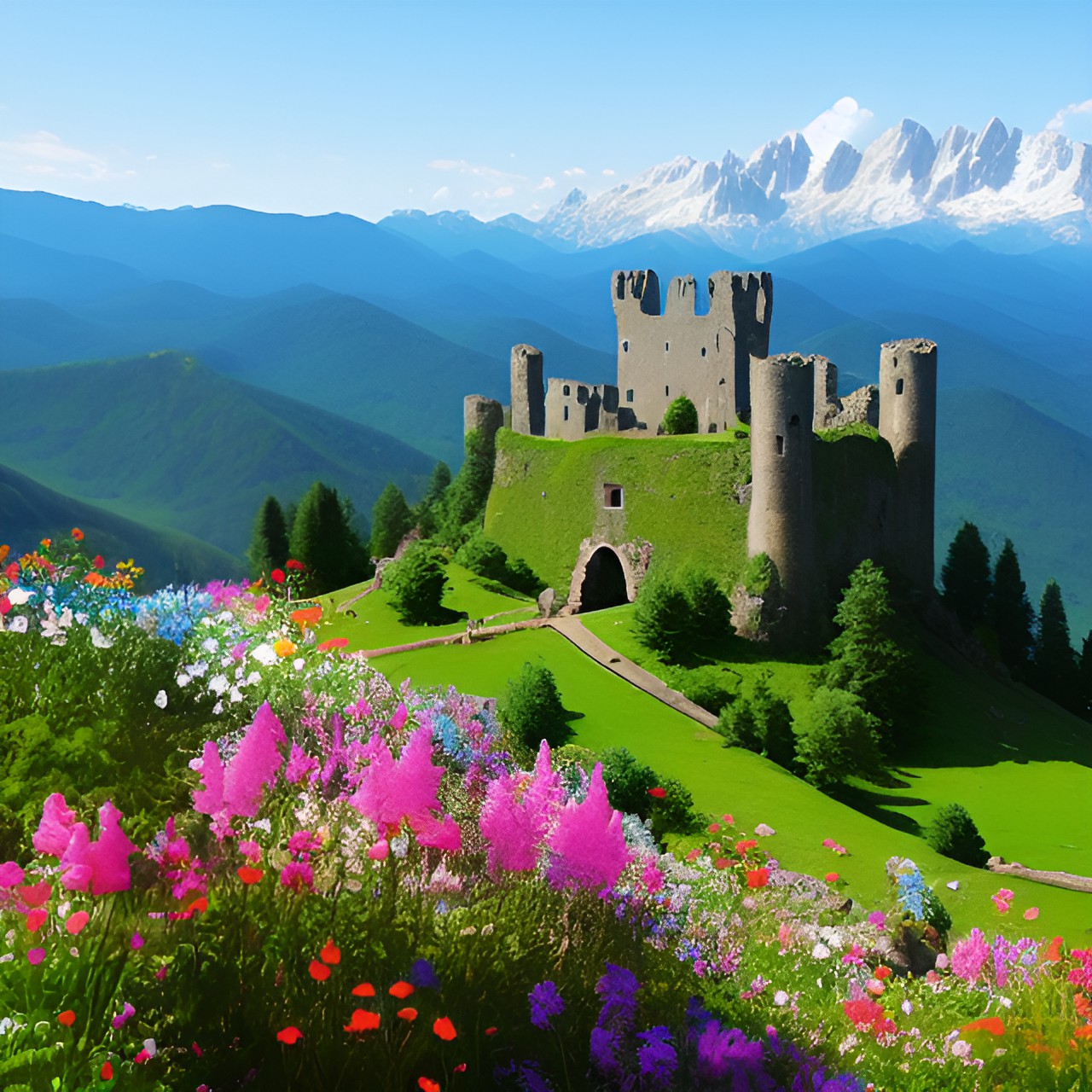 ruined castle in mountains surrounded by flowers preview