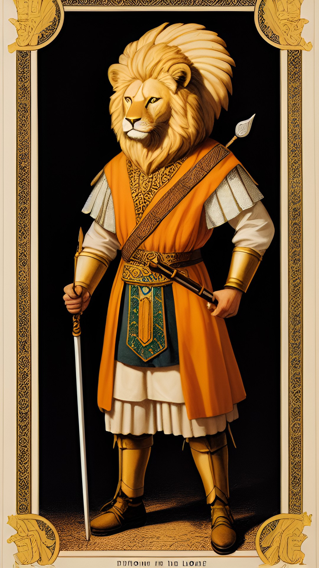 human with a lion head.
carrying a middle age spear. preview