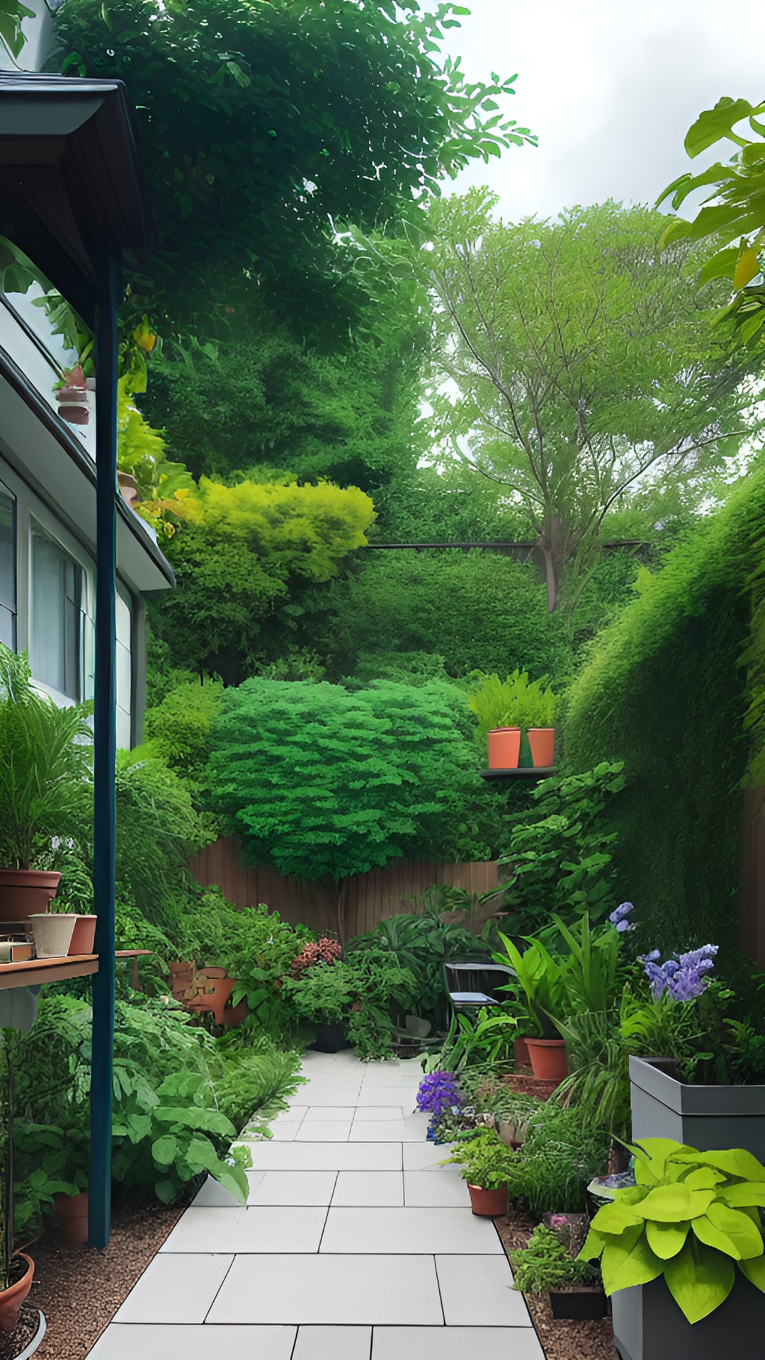 a backyard with plants and a setting area and cloudy weather preview