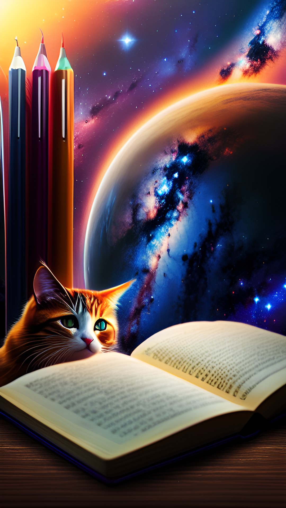 books,candles, pen, galaxy, milkyway, sunset,cat preview