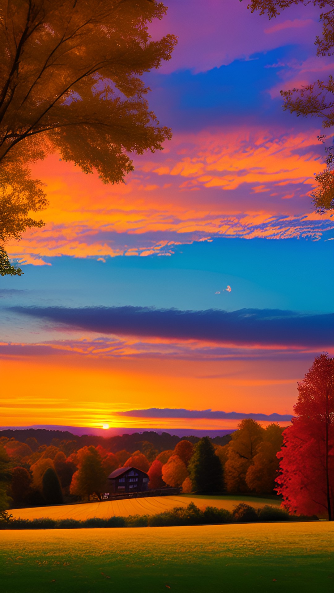 a serene countryside in the fall with a colorful sunset. preview