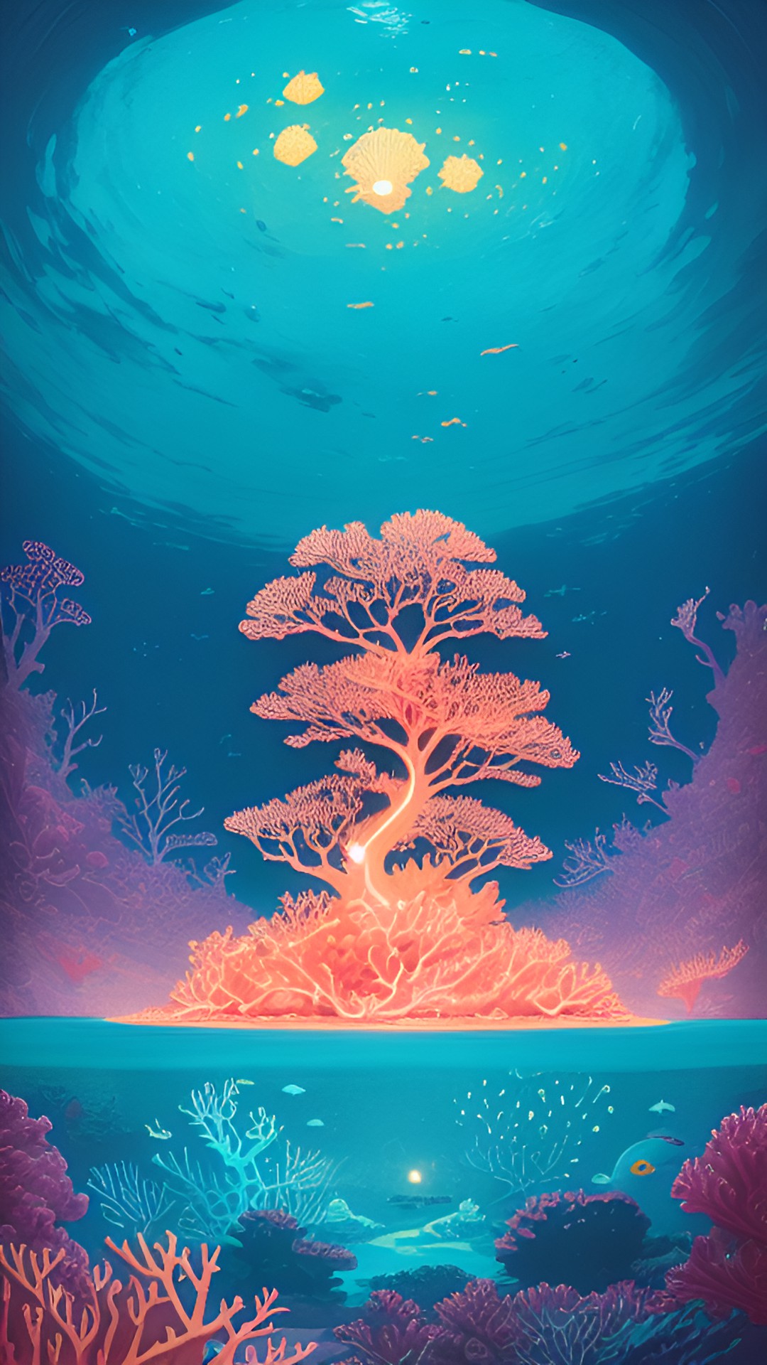 island surrounded by glowing ocean, luminous coral reef preview