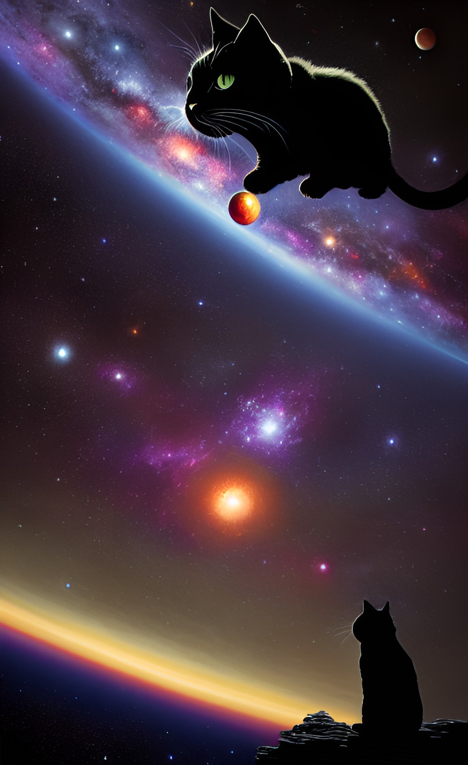 Cats over the Galaxy. - a galaxy's deepest horizon and a black cat flying over the planets. preview