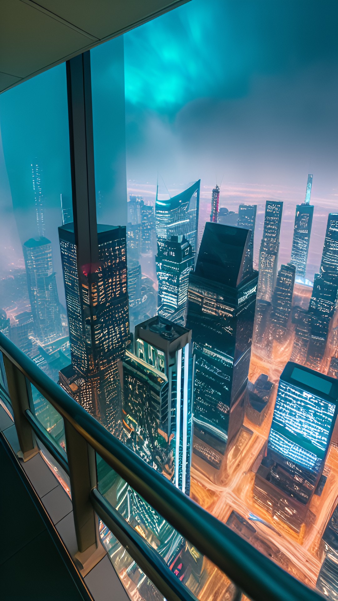 at the top - the view from a luxury apartment at the 150th floor in a foggy futuristic city in blade runne movie style, hyper-detailed, high definition, high resolution, rainy night atmosphere preview