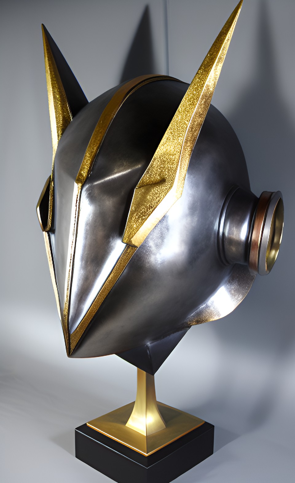 Alien Helmet - giant pewter and gold geometric asymmetrical  smurai aztec spacex helmet alien sculpture coliseum preview