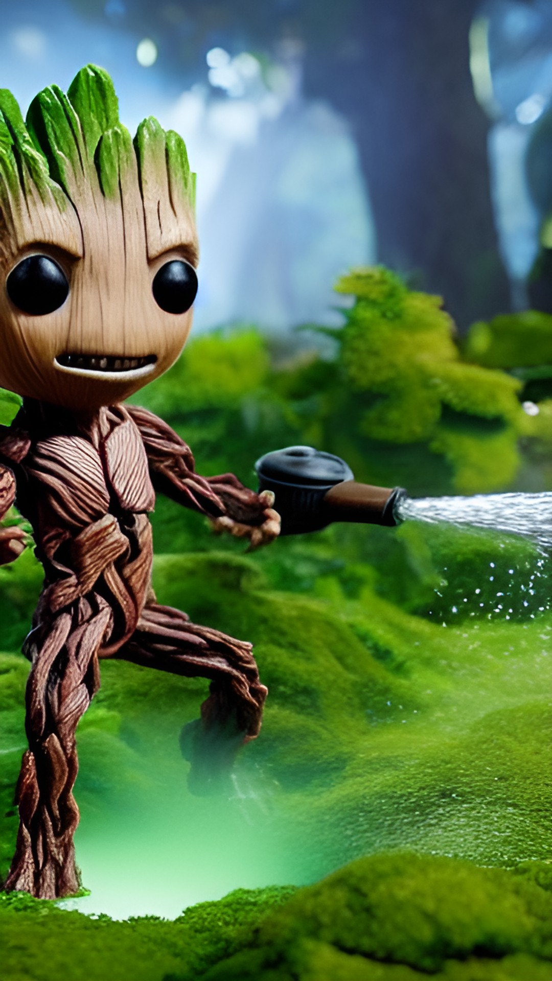 Groot - groot watering his head - groot standing in a lush, green garden with a watering can tilted over his mossy head, droplets falling onto his bark-like skin, while a curious butterfly flutters nearby." preview