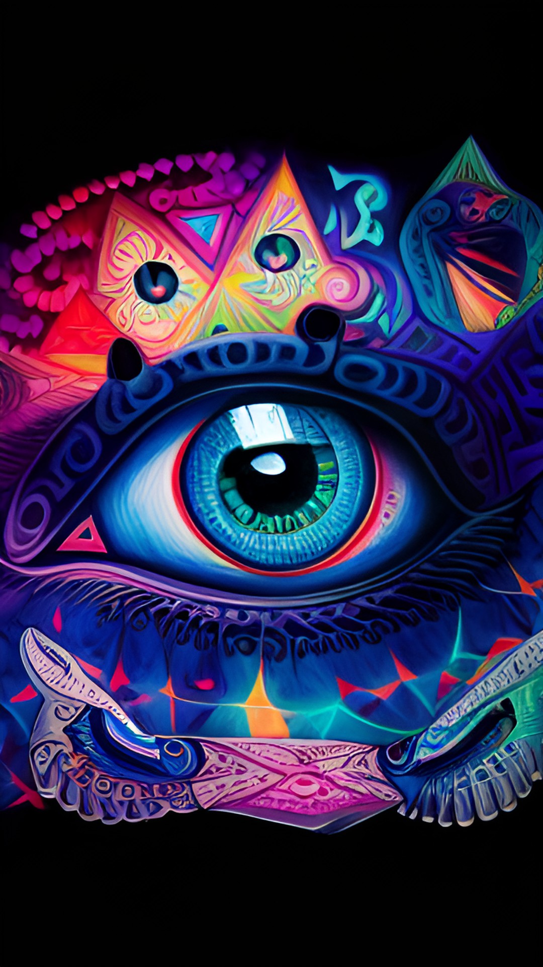 All seen eye - a drawing of a human eye, an all seeing eye, made with colored pencils, white background, visionary art, detailed  tattoos, triangle to use spell, colorful image, added detail, detaild, multi colored, wicca symbols dnd, alebrijes aesthetic, hybrid, colourful preview