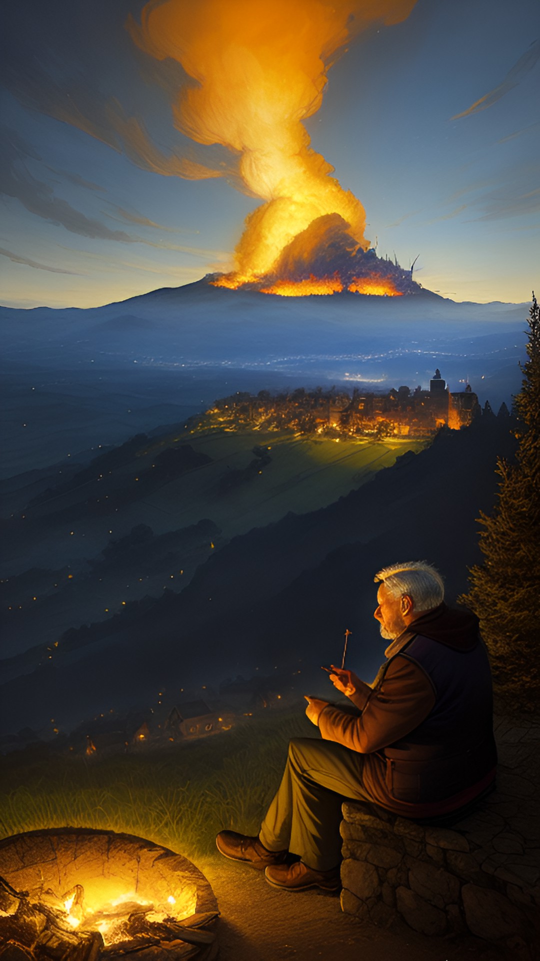 an old man lighting a fire on a hill, overlooking a village preview