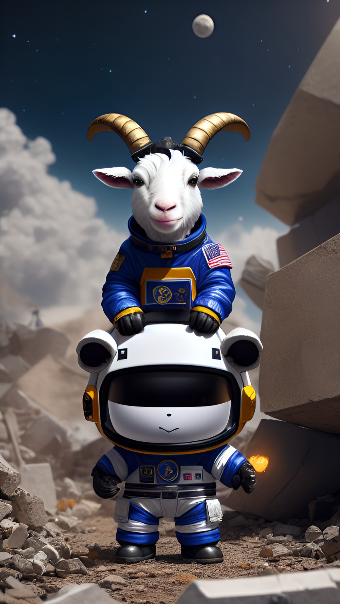 solarpunk goat - emo solarpunk goat elaborately adorned in space suit surrounded by rubble preview