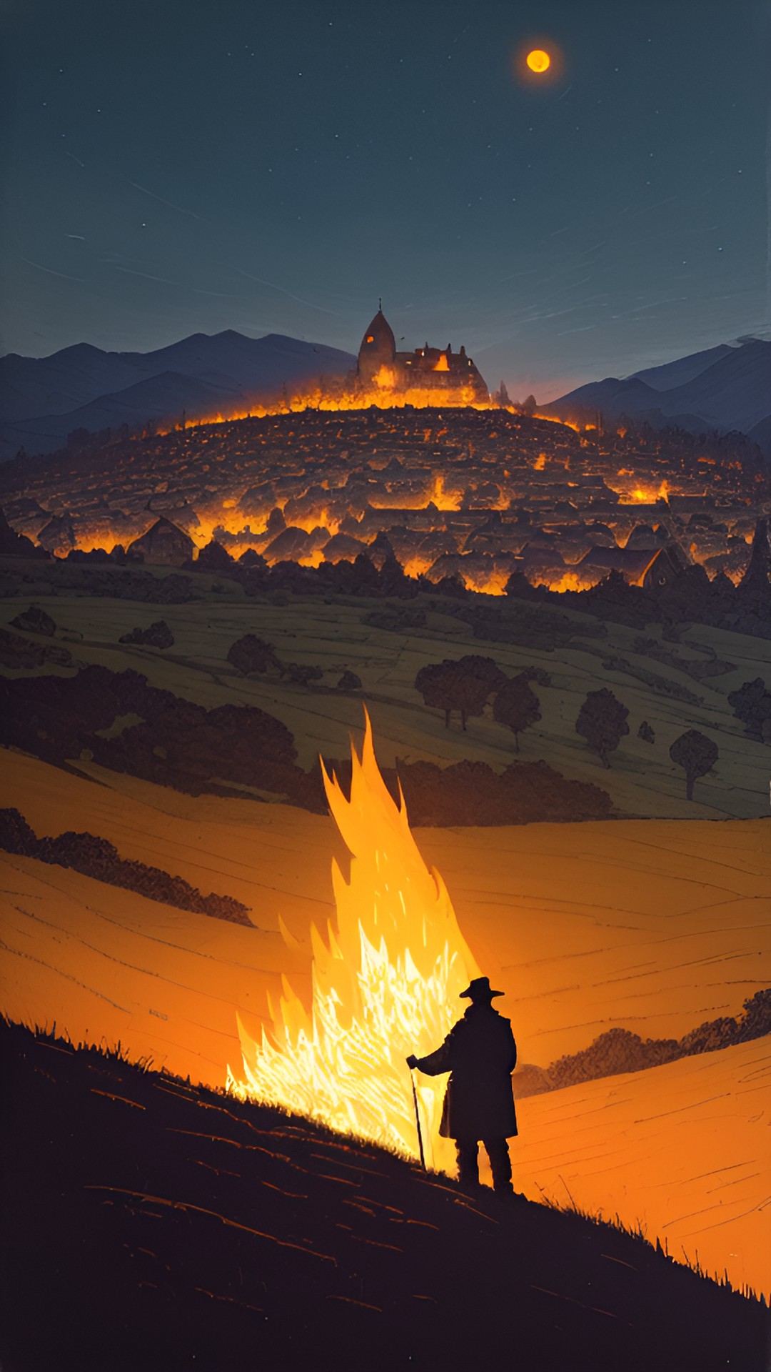 an old man lighting a fire on a hill, overlooking a village towards ehich an army is headed preview