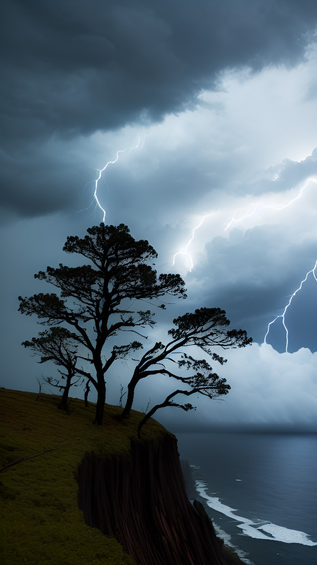 dead trees along a cliff in a very stormy weather with dark clouds ans lightning preview