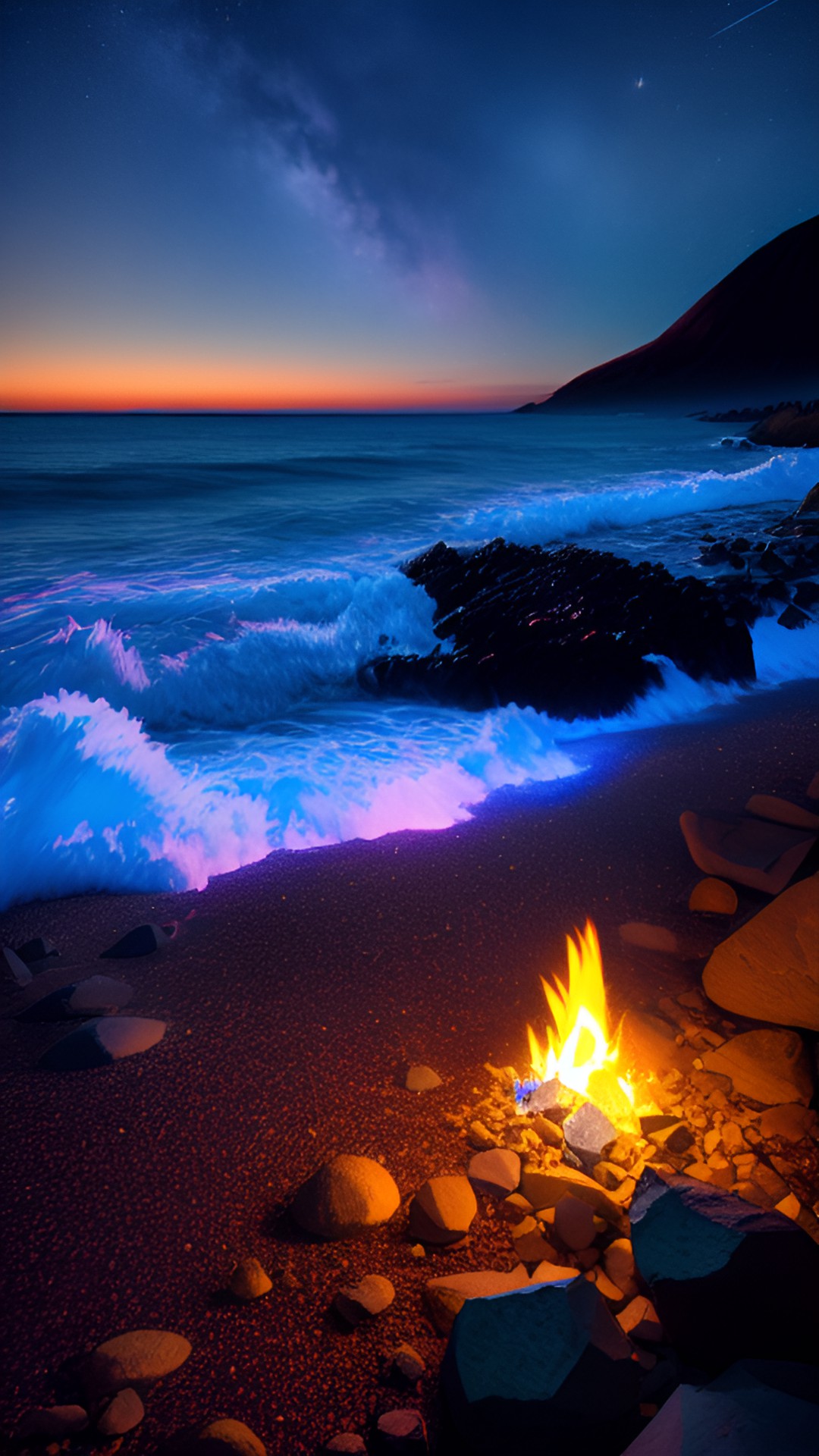 Bliss - faint glowing embers rocky beach fire under moonlight preview