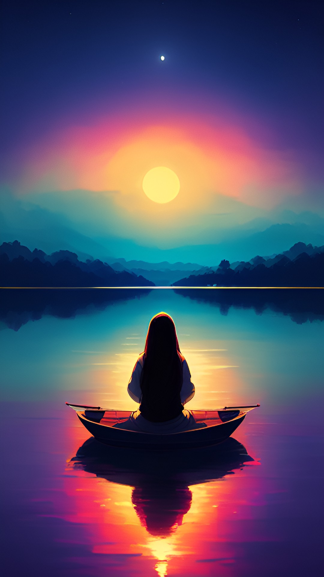 lady sitting in a lotus on a lake at night preview