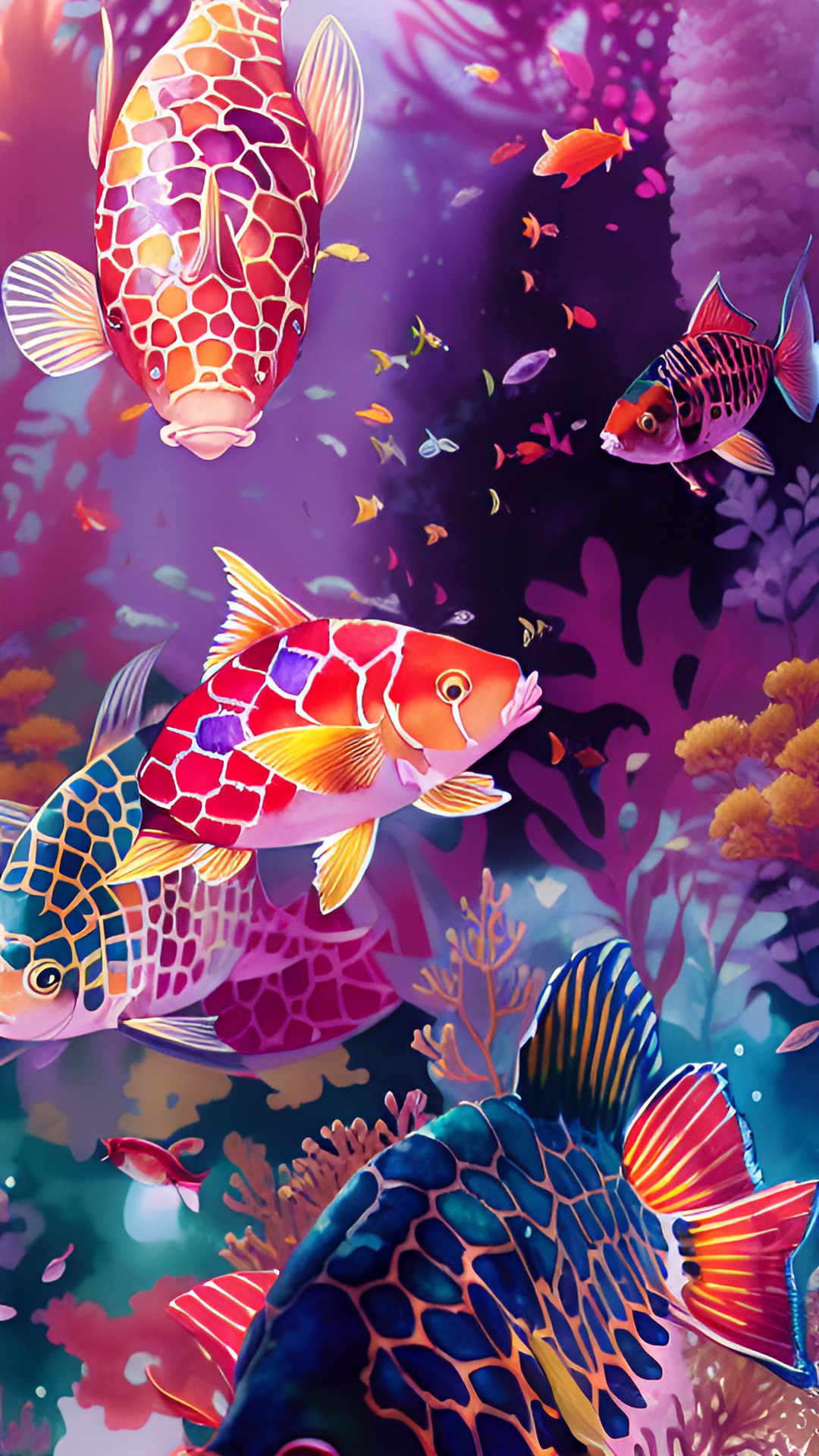 fish, glittering scales, sunlight, luminous, underwater, gold blue aqua purple orange, swarm of fish, hundreds of koi preview