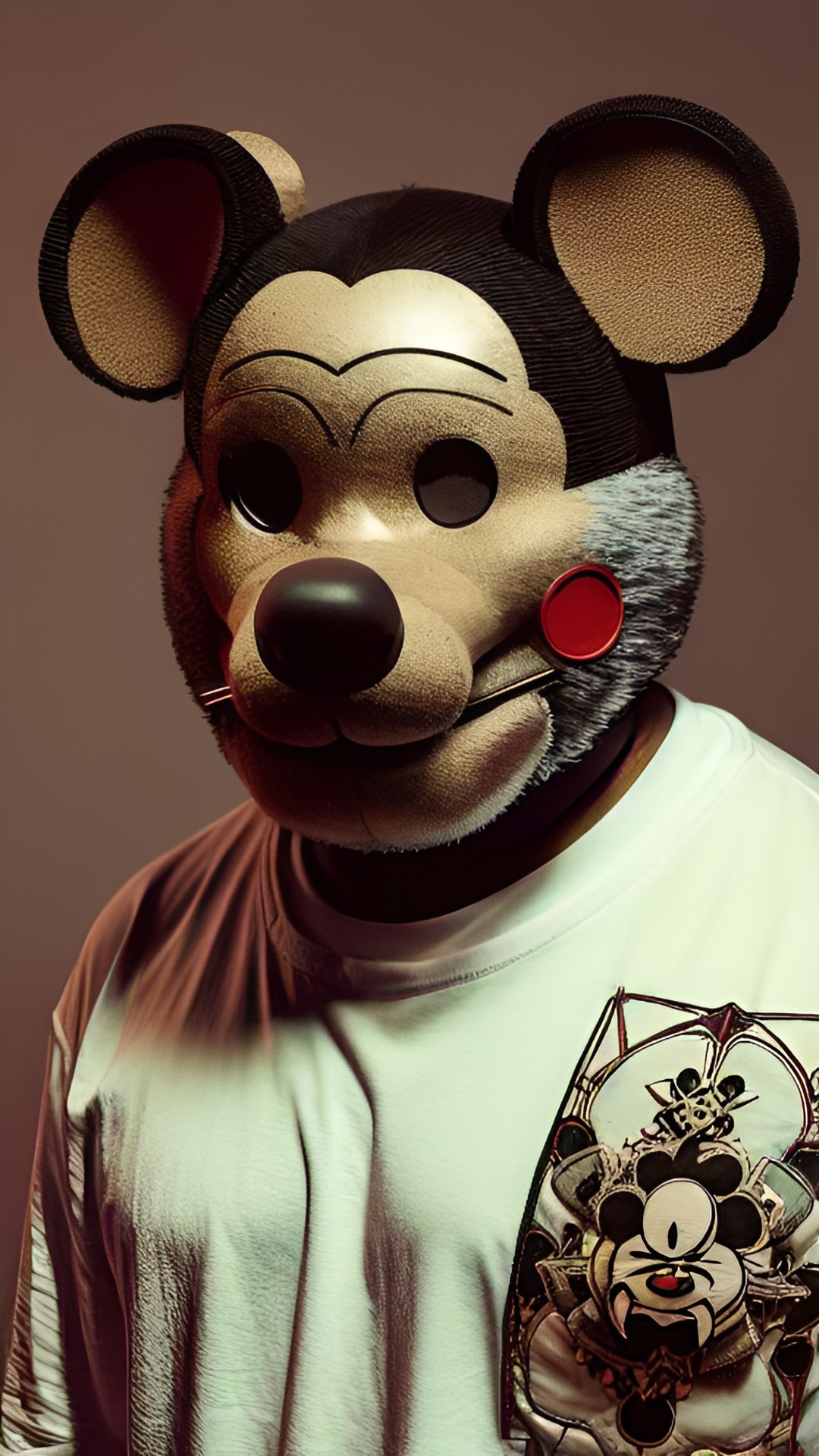 a man with mickey mouse head, replace the man's head with the head of a mickey mouse puppet, light top left preview